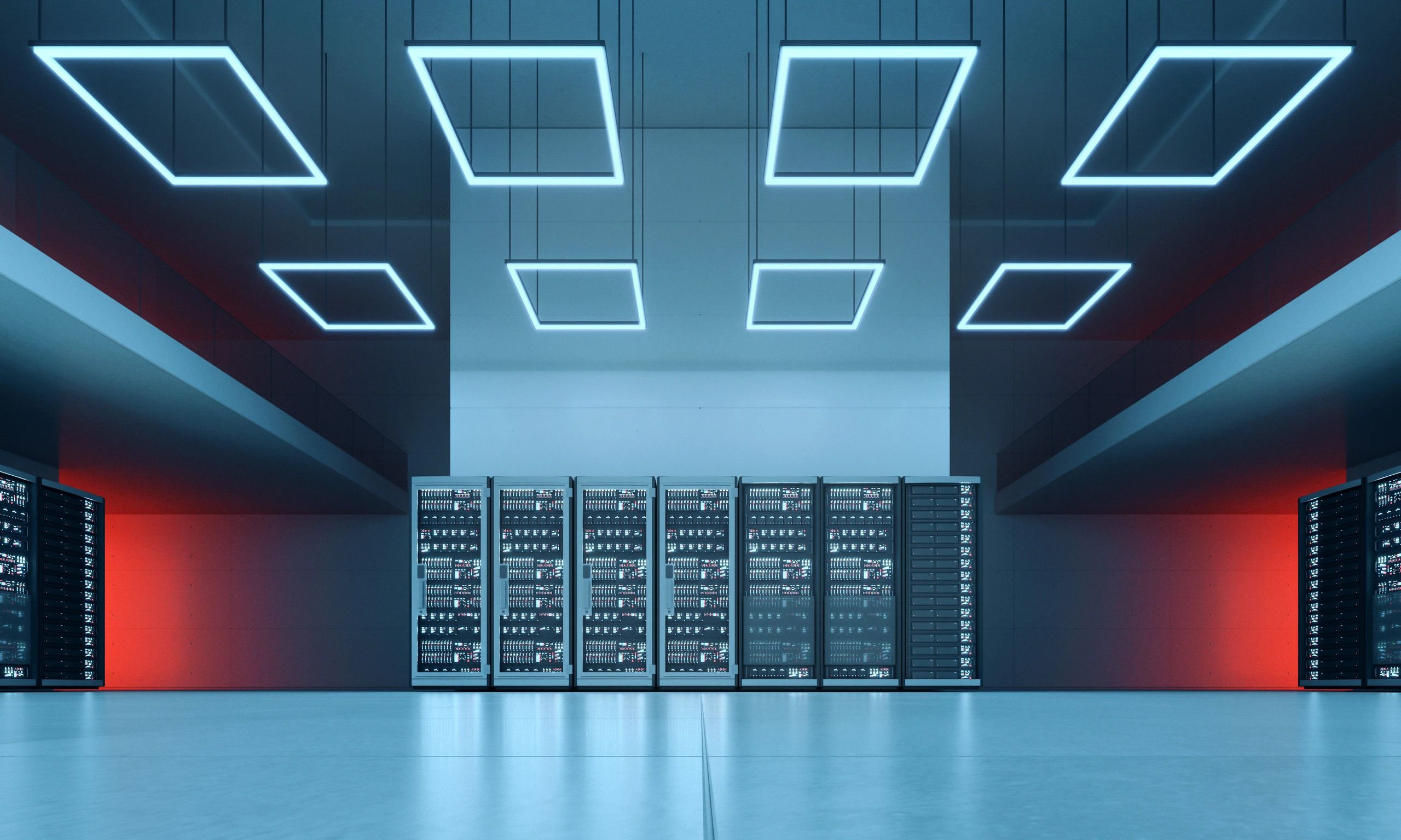 Futuristic data center representing systems and software architecture